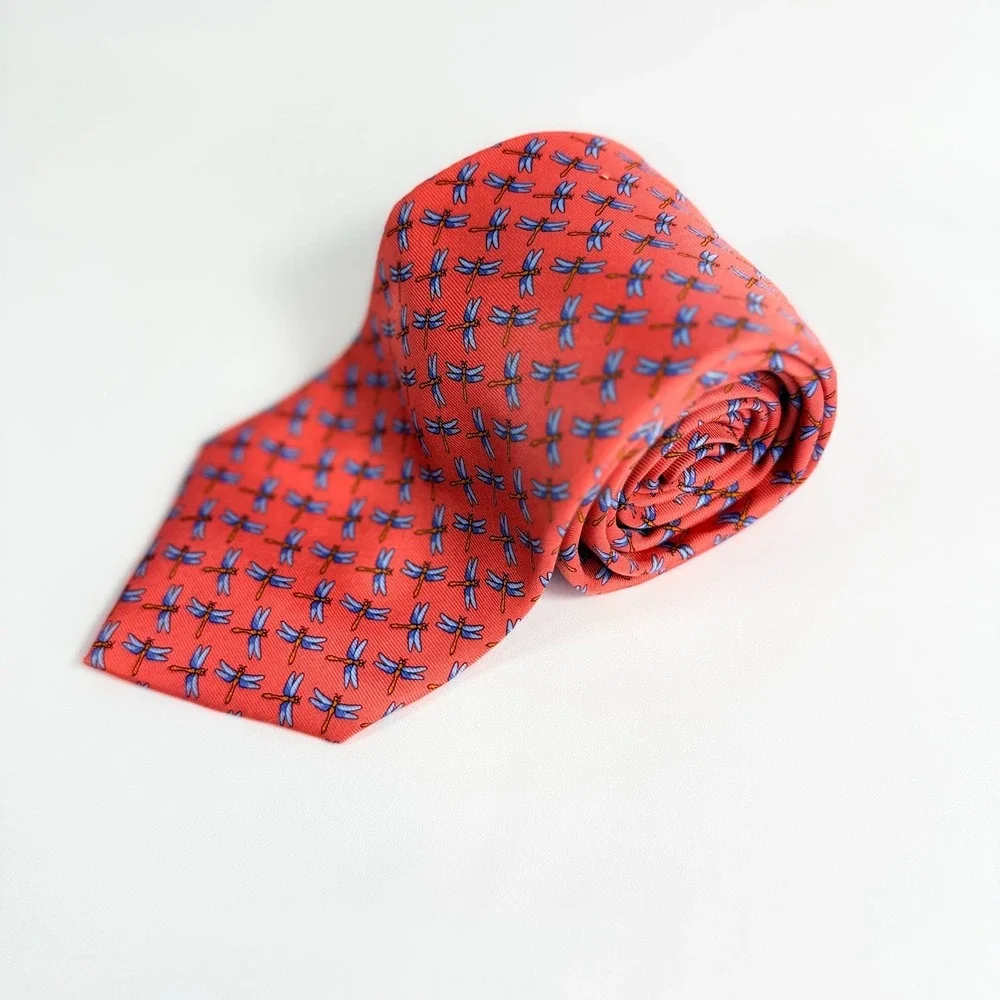 Brooks Brothers Tie Makers Silk Printed In Italy Coral Pink Dragonfly Necktie